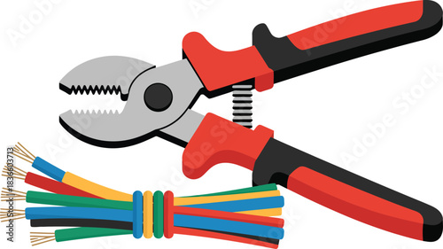 Electricians pliers with wires in red and black handle used to fix electrical circuits for electricity safety vector illustration