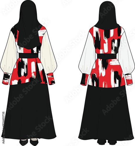 Technical Fashion Flat: Modest Tunic and Skirt with Abstract Brushstroke Print and Black Contrast