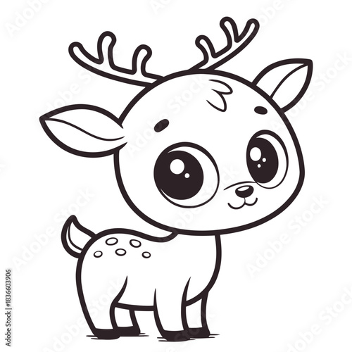 Outline illustration of a cute cartoon deer with big eyes and spots on its back standing still
