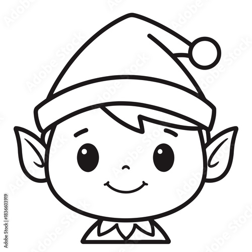 Outline drawing of a cheerful christmas elf with a hat and pointy ears in black and white style