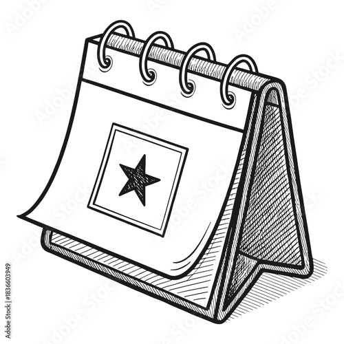 Sketch of a desk calendar with a star design on the page and metal spiral binding at the top edge
