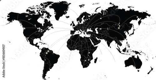 Global Business Network: Black and White World Map with Central Hub and Connected Nodes