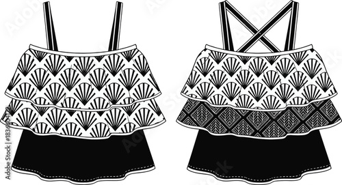 Technical Fashion Flat: Tiered Ruffle Crop Top with Shell Print and Geometric Band Detail, Crisscross Back