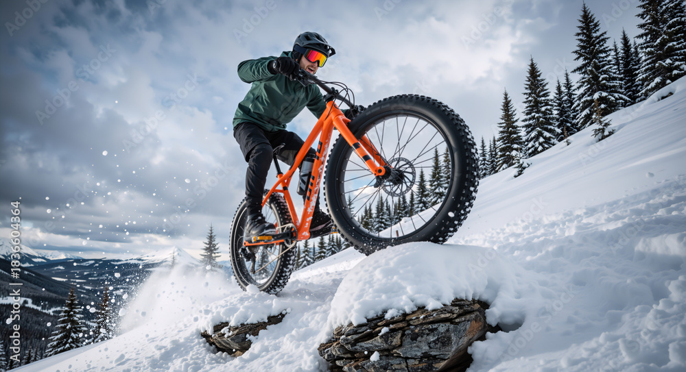 Naklejka premium Male cyclist riding an orange fat bike on a snowy mountain trail. Winter extreme sports action