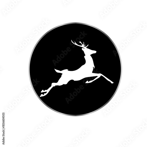 White leaping deer silhouette logo in a black circular emblem with a grey border, vector illustration