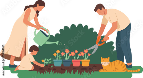 Family Gardening Together with Child and Cat Vector Illustration Featuring Parent and Kid Planting Flowers near Bush in Potted Containers