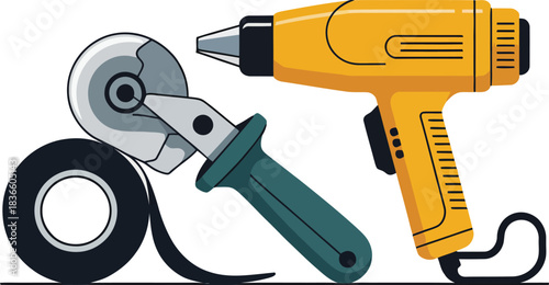 Flat Lay of Heat Gun Cutter and Electrical Tape for Industrial Application Tools on Transparent Background Vector Illustration