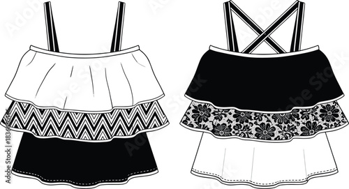 Technical Fashion Flat: Tiered Ruffle Crop Top with Zigzag and Floral Lace Black & White Prints