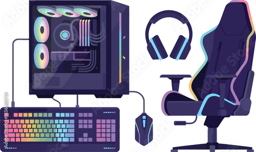 Gaming Setup with Computer Chair and Headset for E-Sport Streamer Player on Transparent Background Vector Illustration