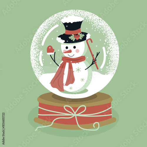 Cute vector snowman inside a festive snow globe. Winter holiday illustration with pastel colors, scarf, hat and falling snow. Perfect for Christmas cards, banners and decorations