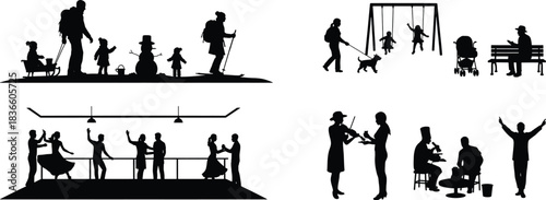 Diverse Silhouette Set: Winter Activities, Playground Fun, Ballroom Dancing, and Professions