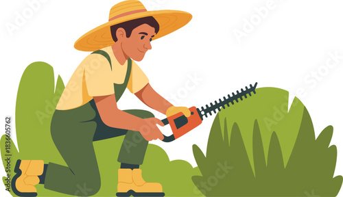 Gardener cutting bushes with electric trimmer on knees male character worker trimming green bushes vector illustration
