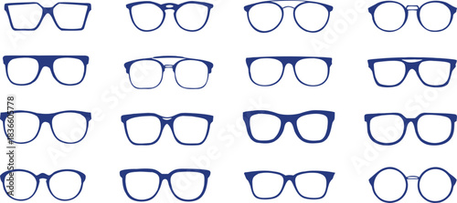 Minimal eyeglass frame silhouettes offer clean, modern style. Versatile vector outlines suit fashion, branding, and design projects. A perfect collection for -themed graphics.