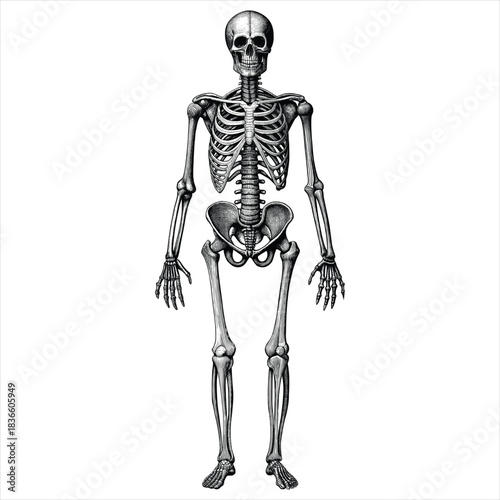 Human Skeleton Anatomy Illustration – Frontal View of Major Bones in Black and White
