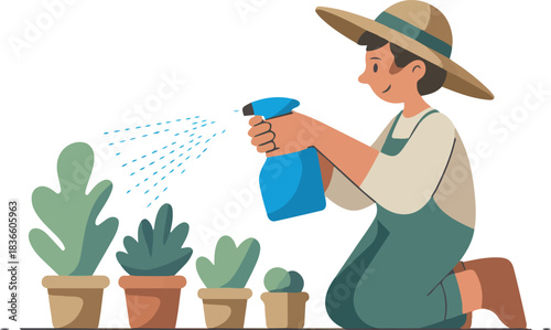 Gardener Spraying Plants with Water Vector Illustration of Person in Hat Caring for Garden with Spray Bottle and Seedlings