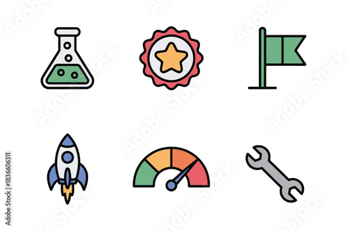 Collection of six colorful flat icons representing business and innovation concepts