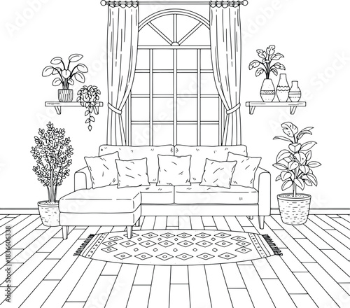 Living Room Interior with Sectional Sofa and Arched Window