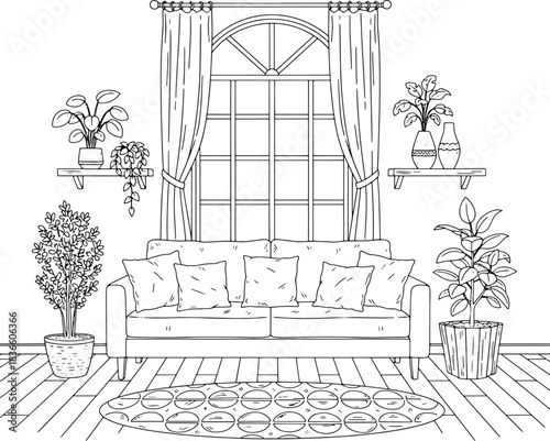 Living Room Interior with Sectional Sofa and Arched Window