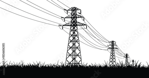 Power Transmission Network: High-Voltage Towers and Grassy Field