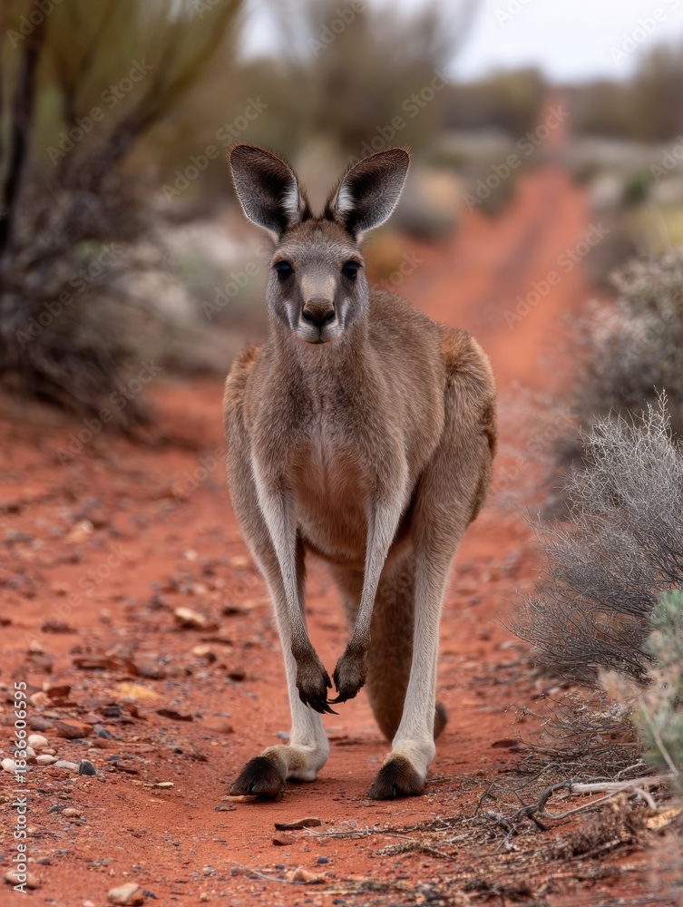 Fototapeta premium Kangaroo Moves Along a Dusty Path in the Australian Outback Representing Progress and Movement in the Natural Landscape