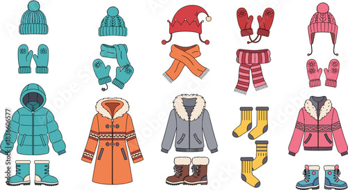 Winter clothing collection, hats, mittens, scarves, coats, boots, socks, seasonal fashion, cold weather gear, flat vector illustration, CAD drawing style