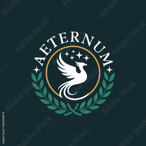 Elegant Phoenix Crest with Laurel Wreath and Resilience, Legacy, Eternal Symbol