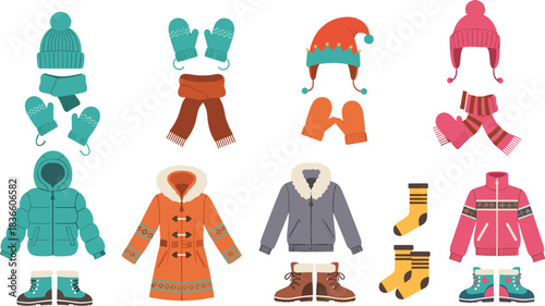 Winter clothing set, hats, scarves, mittens, coats, boots, socks, seasonal fashion, cold weather outfit, flat vector illustration, CAD drawing style