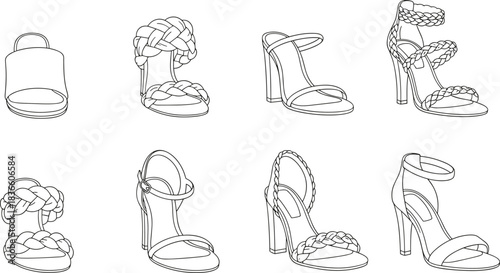 Women’s high heel sandal collection with braided straps, ankle straps, and open-toe designs shown in detailed line art vector illustration