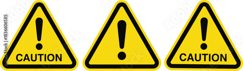 yellow caution signs with exclamation marks and bold text, isolated on white background for safety and warning design use