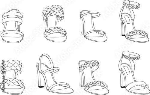 Collection of line-drawn women’s high-heeled sandal designs with varied straps and heels, isolated on white for fashion illustration use