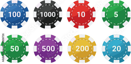 Colorful casino poker chip set featuring various denominations used for gambling, gaming tokens, betting currency and casino table games in vector style