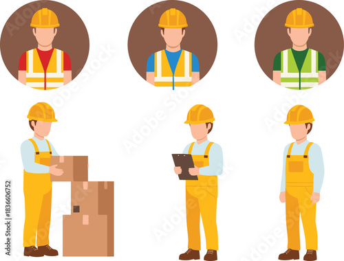 Construction worker illustration set featuring safety helmets, reflective vests, labor tasks, logistics handling and site inspection roles in flat vector style