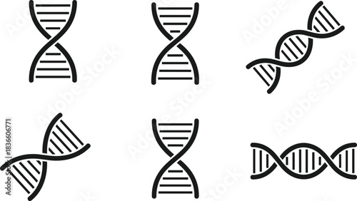 DNA double helix icons in various schematic designs, isolated on white background for science and medical use