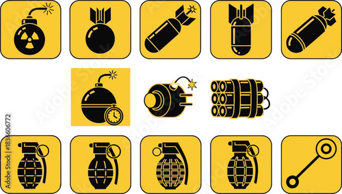 Explosive hazard icon set featuring cartoon bomb symbols, dynamite bundles, grenades and warning illustrations designed as safety awareness vector graphics