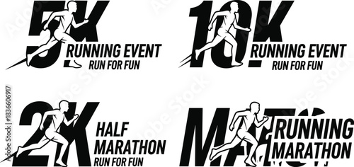 running event logos featuring marathon and race distances with dynamic runner silhouettes for sports and promotional design use