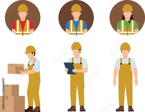 Set of illustrated construction workers in safety gear performing tasks, isolated on white background for industrial, labor, and occupational design use