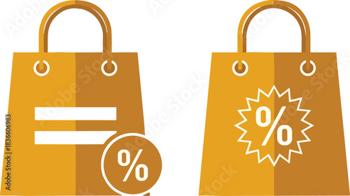 Stylized shopping bags with discount symbols including percentage and equal signs, ideal for promotional, retail, and marketing design use
