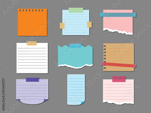 Collection of nine colorful sticky notes and torn paper scraps