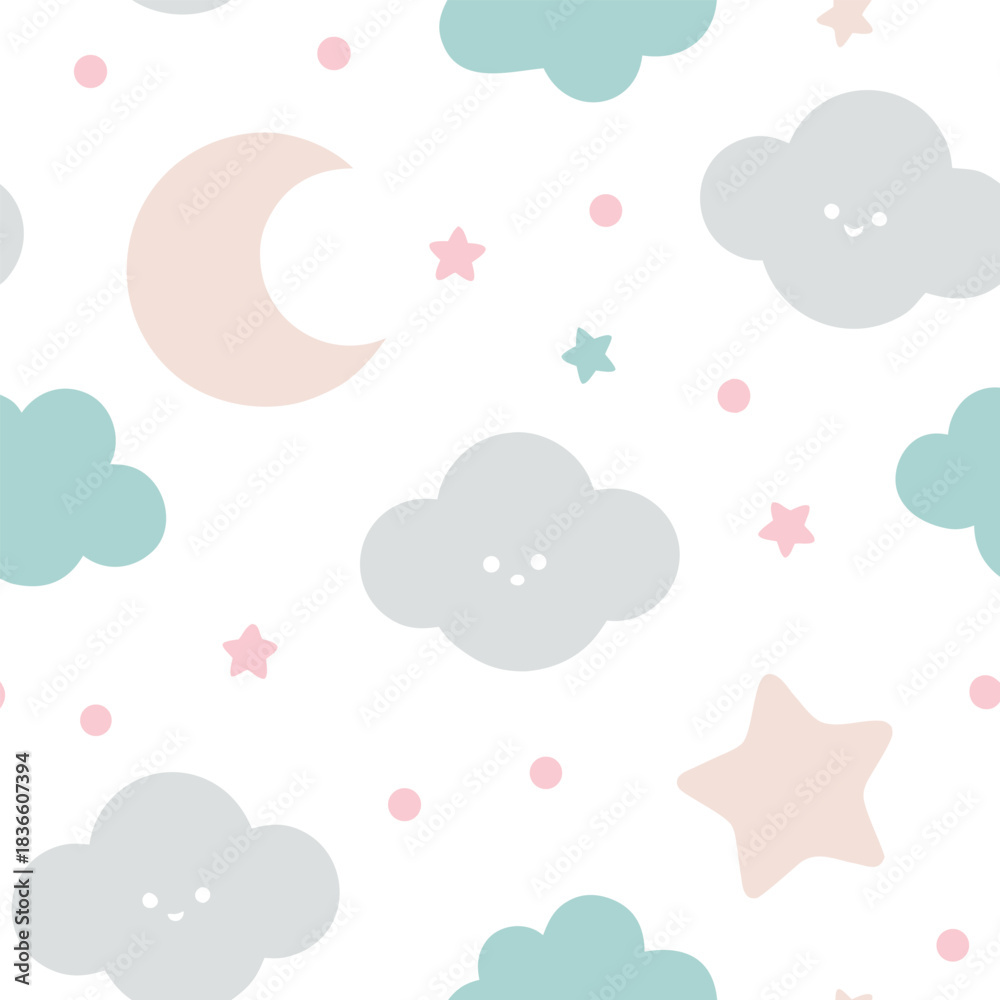 Obraz premium Seamless cute clouds and stars pattern. Pastel sky background for kids nursery. Baby shower vector texture with moon and dreams.