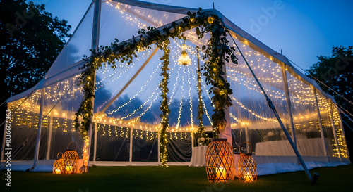 Magical clear top wedding tent illuminated by warm fairy lights and floral garlands creating a romantic atmosphere for an outdoor celebration at dusk