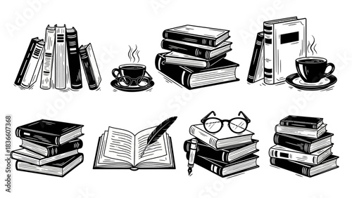 Stack of Books Artistic Drawing Collection Design Elements Featuring Various Piles of Reading Materials with Coffee Cup and Writing Supplies