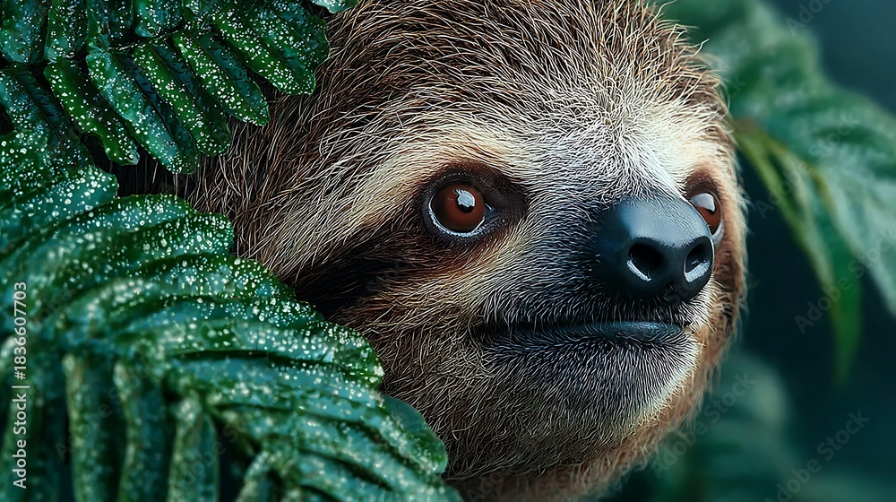 Naklejka premium Sloth hanging tropical tree branch green moss images