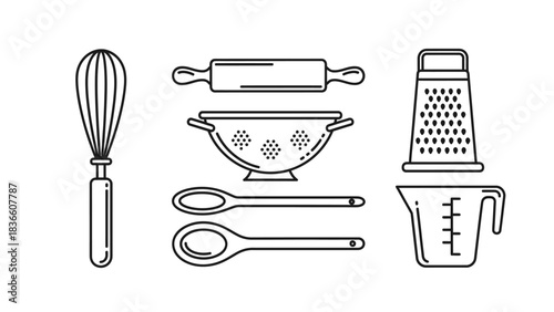 Set of Kitchen Utensils Outline Style Cooking Tools Whisk Rolling Pin Colander Grater Measuring Cup and Spoon Minimalist Design for Culinary Illustration