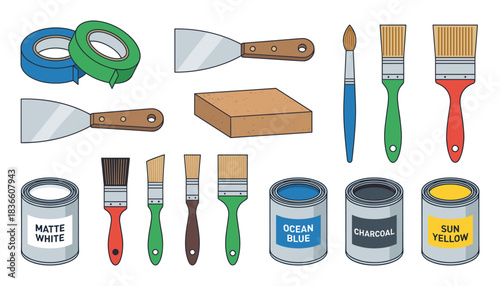 Painting and home improvement vector illustration with brushes, paint cans, and tape