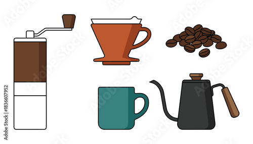 Coffee making essentials set for home brewing vector illustration isolated on white