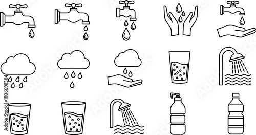 Water resources collection icons including faucets rain clouds and drinking vessels