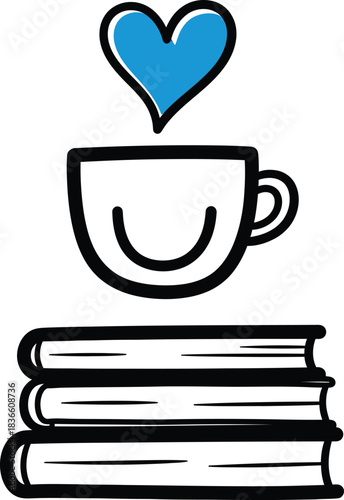 Stack of Books and Coffee Cup Vector Illustration Design. Graphic Composition With Books and Coffee Cup. Library Books and Coffee Lovers Clipart Resources