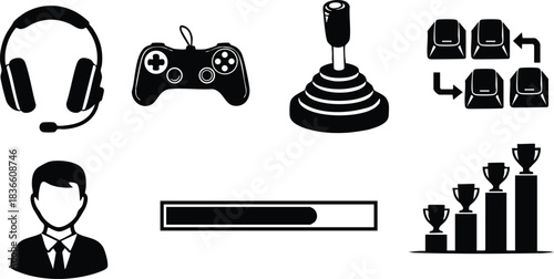 Flat design minimalist gaming user interface icon set showing headset controller joystick seat map user avatar loading bar trophy ranking bar chart simple vector black silhouettes