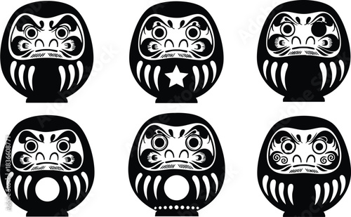 Flat design daruma doll icon set front view six variations high contrast monochrome vector art bold facial features traditional japanese talisman motif for logo pattern sticker