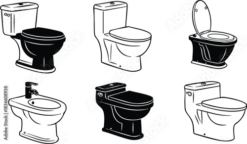 Line art set of six toilet icons showing different bowl shapes and bidet faucet close up views open lid closed lid front and side silhouettes sketch